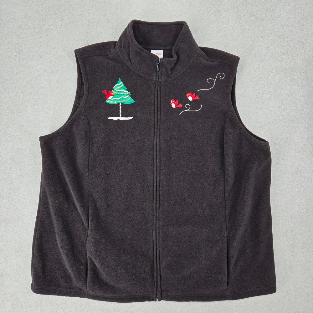 Holiday Editions Women's 1X Christmas Embroidered Fleece Vest Birds Tree Holiday